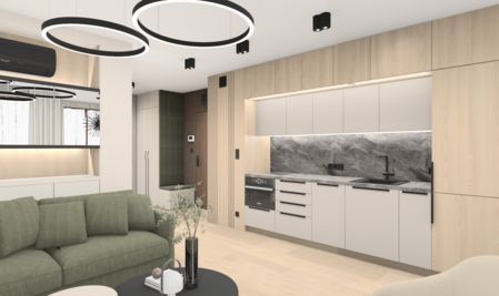 Wnętrze kuchni z nowoczesnym designem, soft minimalizmem i współczesnymi akcentami.