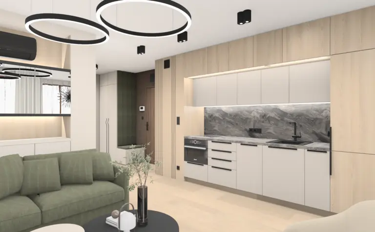 Wnętrze kuchni z nowoczesnym designem, soft minimalizmem i współczesnymi akcentami.