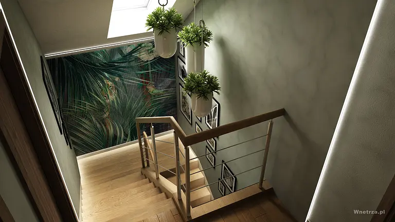 Klatka schodowa z roślinami w donicach i drewnianą balustradą, nowoczesny projekt.