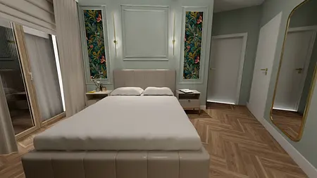 Wnętrze sypialni z beżowym łóżkiem, drewnianą podłogą i eklektycznymi akcentami.