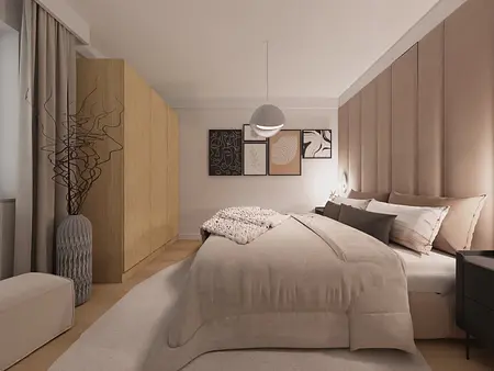 Sypialnia w stylu japandi z beżowymi akcentami i minimalistycznymi detalami.