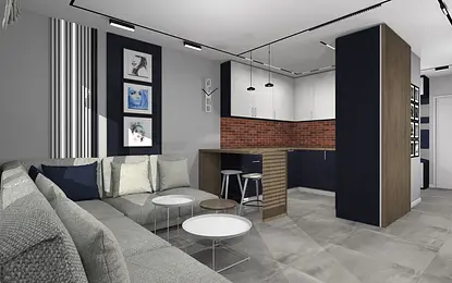 Wnętrze salonu z szarymi ścianami, brązowym blatem, art deco i minimalistycznym stylem.
