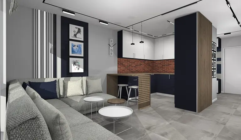 Wnętrze salonu z szarymi ścianami, brązowym blatem, art deco i minimalistycznym stylem.