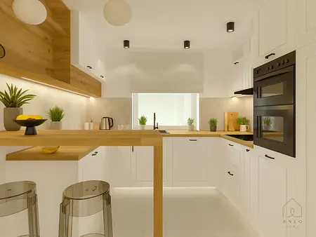 Kuchnia w stylu glamour i minimalistycznym z białymi meblami i drewnianymi detalami.