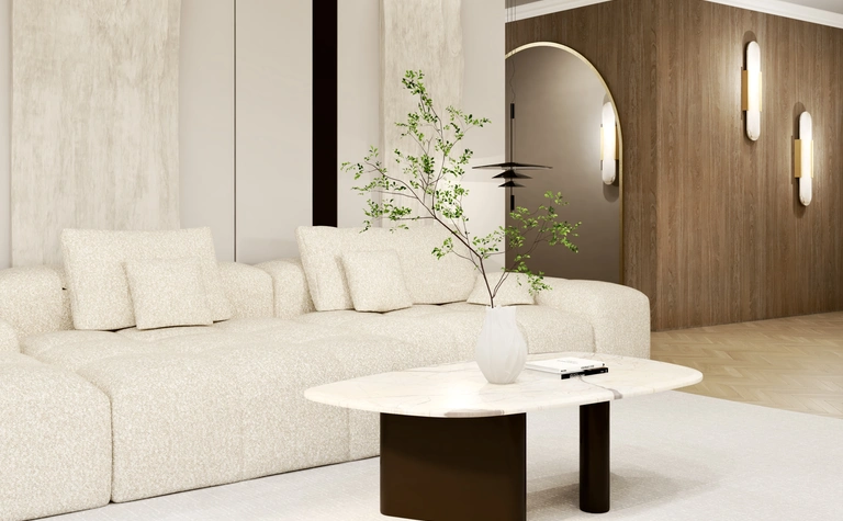 Wnętrze salonu w stylu japandi i minimalistycznym z beżową sofą i drewnianymi detalami.