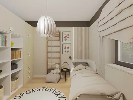 Pokój dziecięcy w stylu japandi, minimalistycznym i tradycyjnym z łóżkiem i regałem