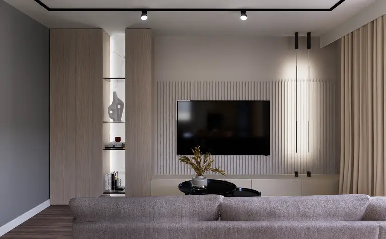 Salon w stylu minimalistycznym z szarymi meblami, drewnianymi detalami i nowoczesnym oświetleniem.