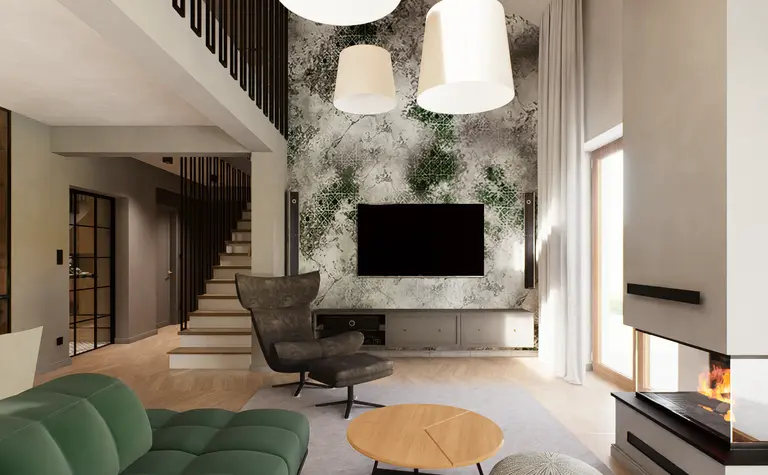 Wnętrze salonu z zieloną sofą i kominkiem w stylu industrialnym.