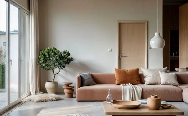 Wnętrze salonu z sofą w odcieniach brązu, drewnianym stolikiem, boho i minimalistycznym stylem.