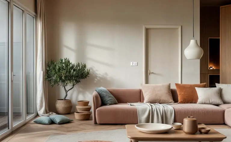 Wnętrze salonu w stylu boho, minimalistycznym i vintage z różowymi dodatkami.