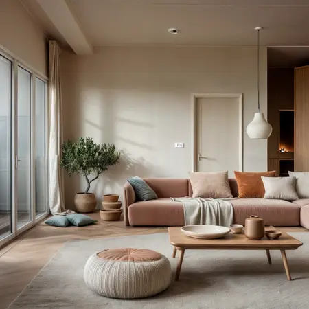 Wnętrze salonu w stylu boho, minimalistycznym i vintage z różowymi dodatkami.