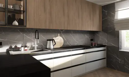 Kuchnia z minimalistycznym designem, drewniane meble, nowoczesne akcenty, współczesne wykończenia.