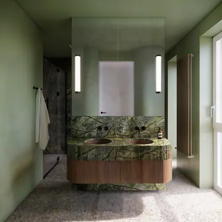 Nowoczesna łazienka z zielonym blatem, soft minimalizm, quiet luxury i minimaluxe