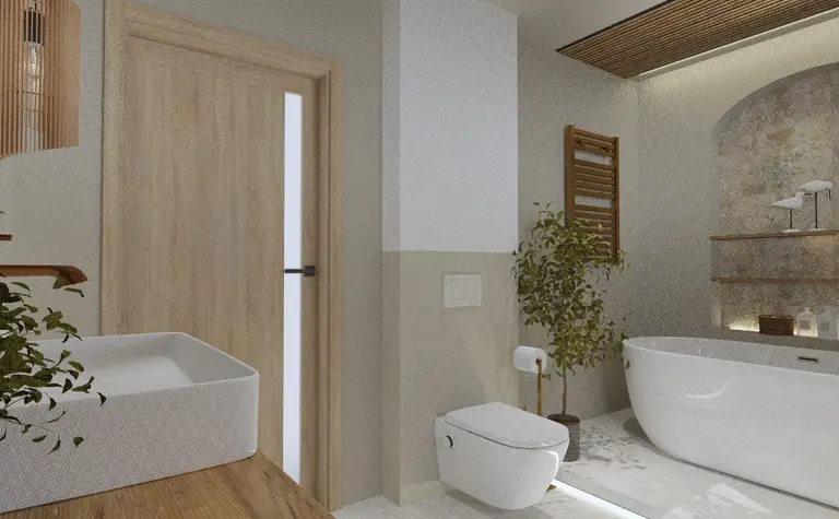 Nowoczesna łazienka z białą wanną i drewnianymi detalami
