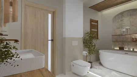 Nowoczesna łazienka z białą wanną i drewnianymi detalami