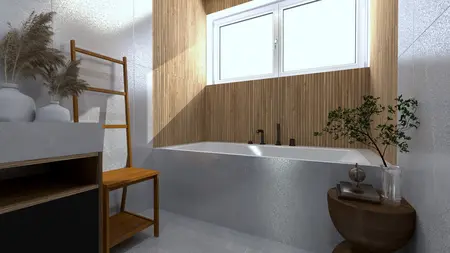 Nowoczesna łazienka z wanną, drewnianymi detalami i rośliną.