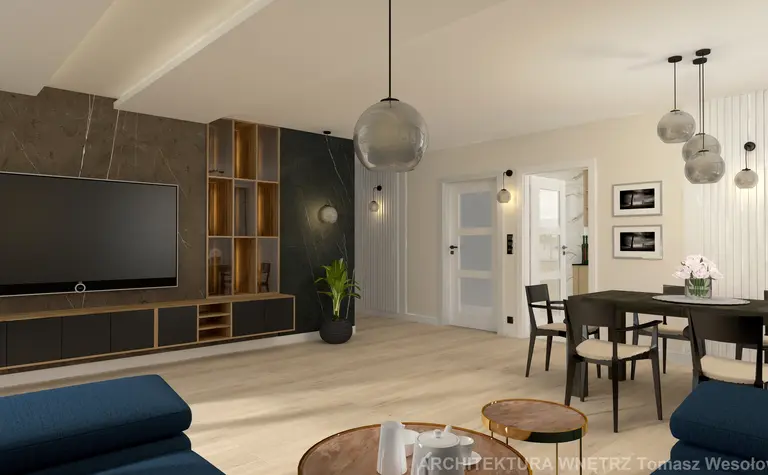 Wnętrze salonu w stylu soft minimalizm z czarnymi akcentami i jasnymi meblami.