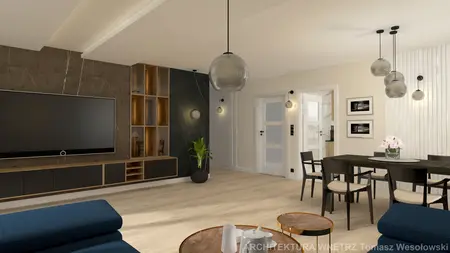 Wnętrze salonu w stylu soft minimalizm z czarnymi akcentami i jasnymi meblami.