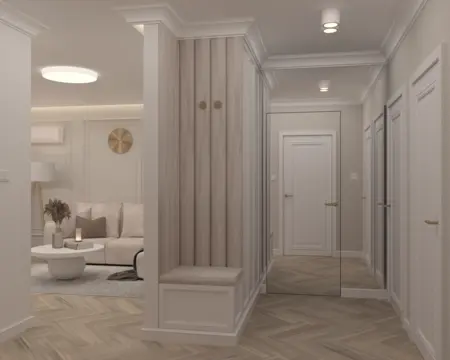 Nowoczesny przedpokój z elementami quiet luxury, jasne ściany i drewniana podłoga.
