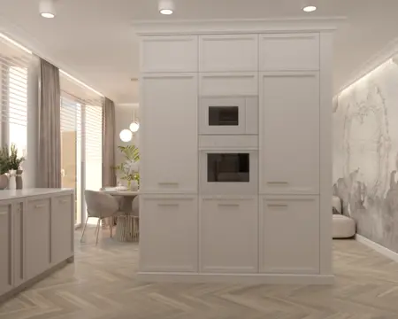 Nowoczesna kuchnia w stylu quiet luxury z białymi meblami i akcentami drewnianymi.