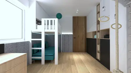 Wnętrze pokoju dziecięcego z łóżkiem piętrowym, szafkami i dekoracjami w stylu nowoczesnym.