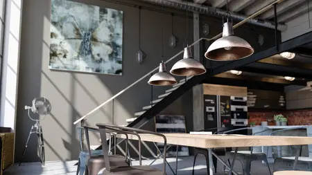 Wnętrze jadalni z drewnianym stołem, metalowymi lampami, industrialnymi detalami.