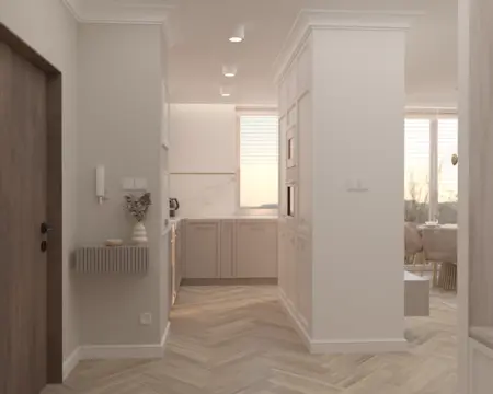 Wnętrze kuchni z beżowymi meblami w stylu nowoczesnym i quiet luxury.