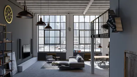 Wnętrze salonu w stylu industrialnym z dużymi oknami i nowoczesnymi meblami.