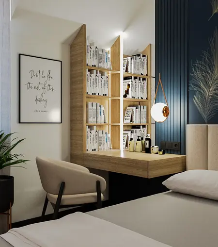 Wnętrze z biurkiem, regałem na książki i roślinami, styl quiet luxury.