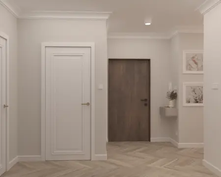 Przedpokój w stylu quiet luxury z białymi ścianami i drewnianymi akcentami.