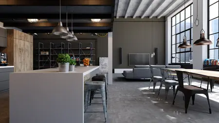 Wnętrze kuchni w stylu industrialnym z nowoczesnymi meblami i dużymi oknami.