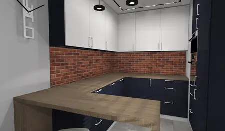 Kuchnia w stylu industrialnym z ceglanym murem i minimalistycznymi meblami.