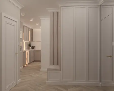 Wnętrze nowoczesnej kuchni w stylu quiet luxury z beżowymi meblami.