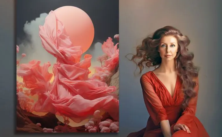 Kobieta w różowej sukni obok obrazu w stylu art deco, glamour i eklektycznym.