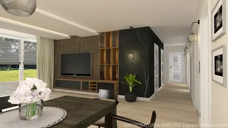 Wnętrze z telewizorem, drewnianym meblem i roślinami w stylu soft minimalizm.