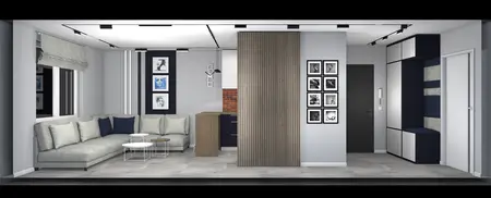 Wnętrze salonu z szarymi ścianami, brązowym drewnem i minimalistycznymi meblami. Styl: art deco, boho, industrialny.