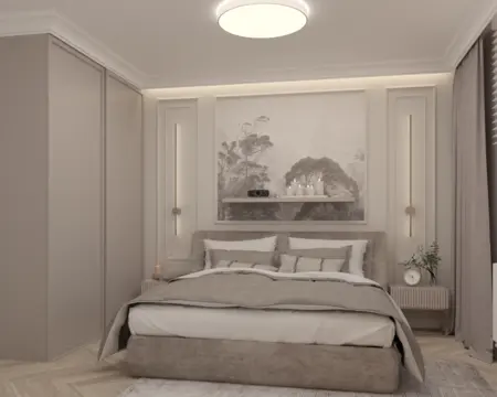 Nowoczesna sypialnia w stylu quiet luxury z szarymi i beżowymi detalami.
