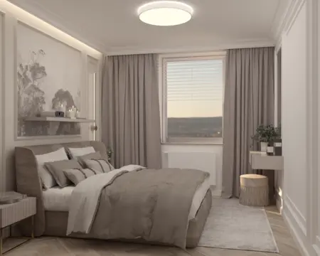 Nowoczesna sypialnia w stylu quiet luxury z beżowym łóżkiem i szarymi zasłonami.