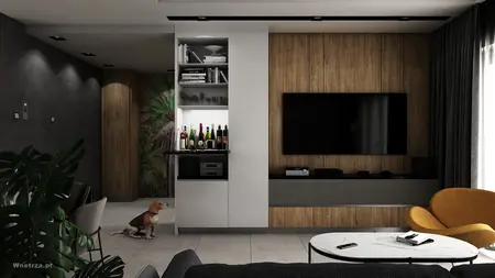 Wnętrze nowoczesnego salonu z drewnianą ścianą i telewizorem