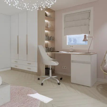 Wnętrze gabinetu z białymi meblami i różowymi detalami, styl minimalistyczny.