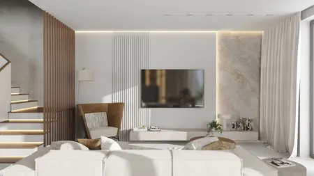 Wnętrze salonu w stylu eklektycznym i minimalizmie z jasnymi meblami.