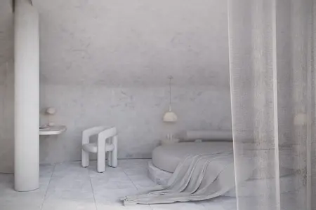 Minimalistyczna sypialnia w stylu japandi z szarymi ścianami i nowoczesnymi meblami.