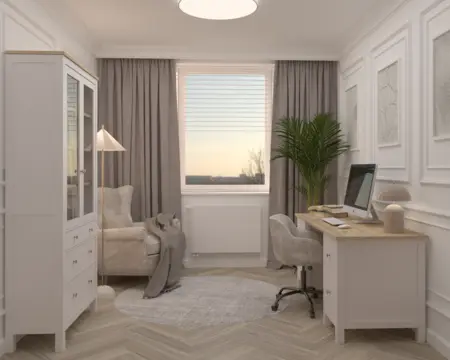 Wnętrze gabinetu w stylu nowoczesnym i quiet luxury z białymi meblami.