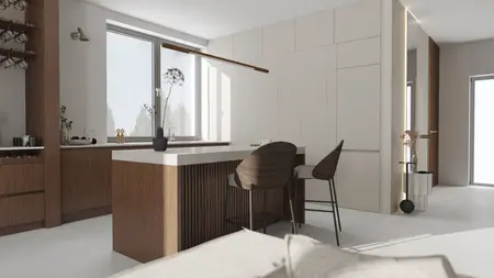 Eklektyczne wnętrze kuchni z minimalistycznymi meblami, jasnymi akcentami i roślinami.