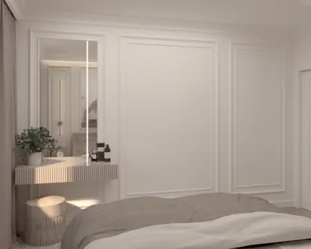 Wnętrze sypialni w stylu quiet luxury z jasnymi ścianami i drewnianymi detalami.