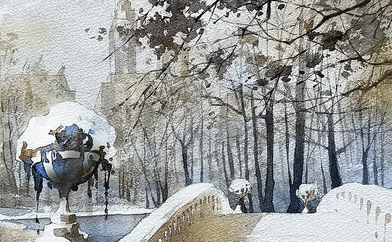 Zimowy pejzaż z mostem, drzewami i śniegiem w stylu art deco, glamour i vintage.