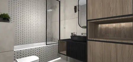 Łazienka w stylu industrialnym z minimalistycznymi meblami, skandynawskim designem i nowoczesnymi akcentami.