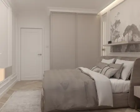 Sypialnia w stylu nowoczesnym i quiet luxury z beżowym łóżkiem i dekoracjami.