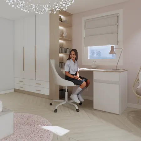 Minimalistyczny pokój biurowy z jasnymi meblami i oświetleniem.