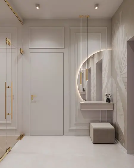 Nowoczesny przedpokój w stylu minimaluxe z lustrem i subtelnymi detalami.
